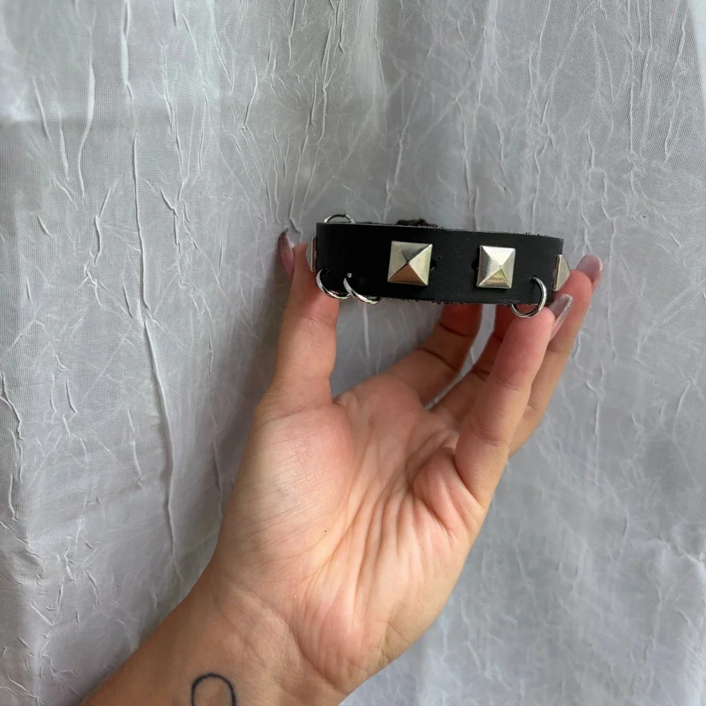 Black Leather Studded Cuff Bracelet Silver Pyramid Studs Hoop Rings Punk Goth